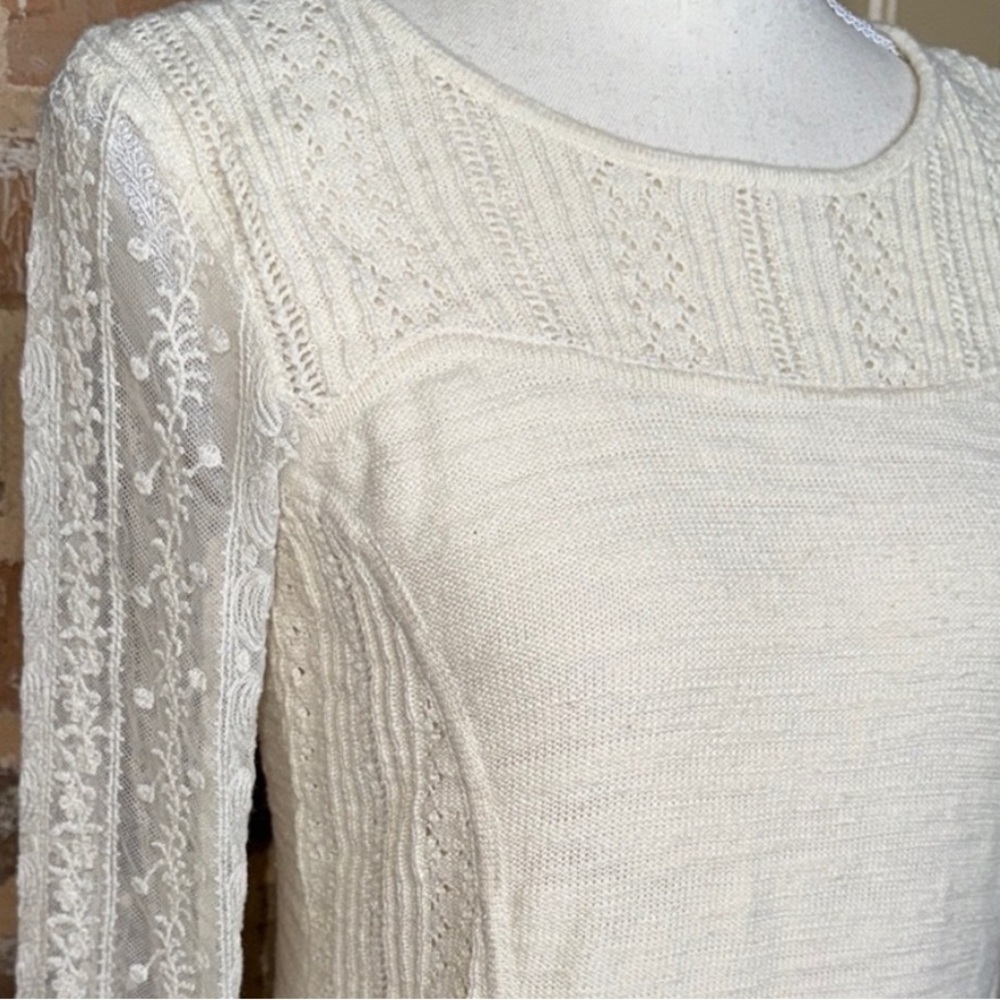 Knitted & Knotted Coquette Cream Lace Sleeve Sweater Texture Cotton Rear Zip SzM - Picture 7 of 16